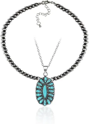 Western Turquoise Jewelry Navajo Pearl Necklace for Women Western Necklace Beaded Pendant Necklace Boho Vintage Pearl Layered Choker Jewelry for women for Birthday Party Jewelry Gifts-Oval