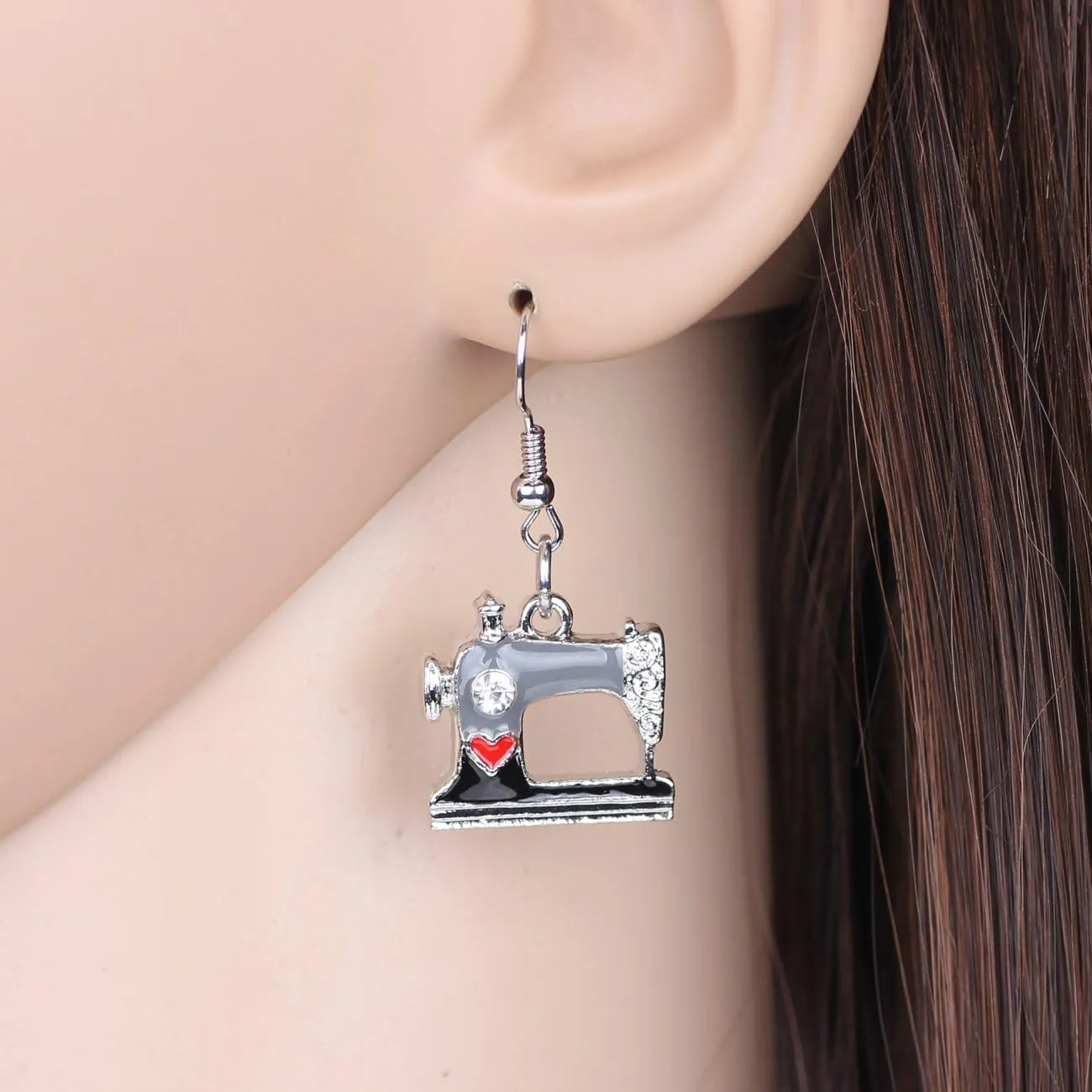 WEVENI Enamel Alloy Crystal Sewing Machine Earrings Dangle Drop Unique Jewelry Dainty Sewing Gifts For Quilters Women Seamstress Ladies