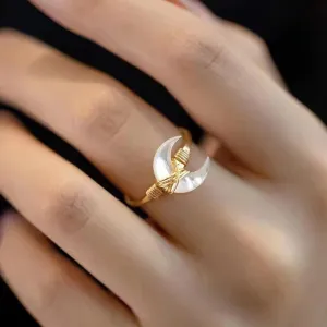 White Crystal Moon Gold Ring Gold Twist Open Ring,Women`s Vintage Gemstone Midi Finger Shiny Ring Band Crescent Moon Band Statement Ring for Her