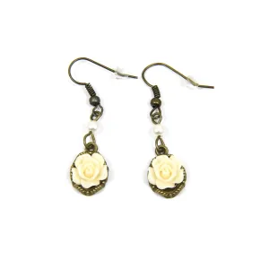 White rose earrings Handmade delicate bronze jewelry Vintage style earrings Tiny flower cameo earrings Bohemian jewelry Venetian pearls Christmas gift for Women
