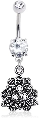 WILDKLASS 316L Stainless Steel Jeweled Vintage Lotus Dangle Navel Ring