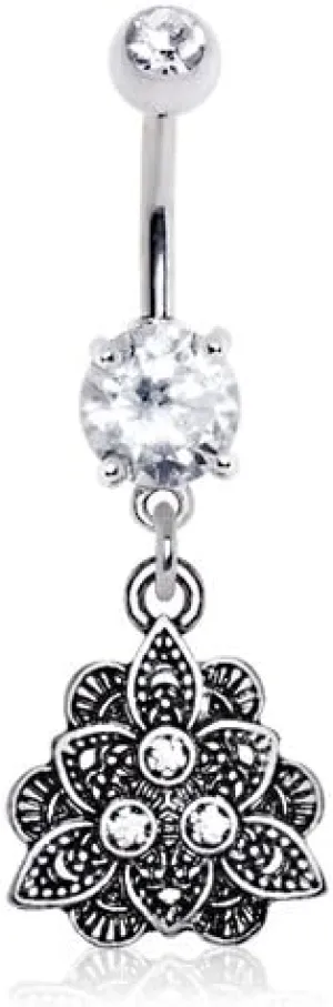 WILDKLASS 316L Stainless Steel Jeweled Vintage Lotus Dangle Navel Ring