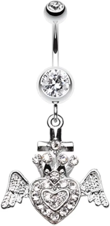 WildKlass Jewelry Ultra Bright Crowned Angel Heart and Cross 316L Surgical Steel Belly Button Ring