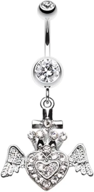 WildKlass Jewelry Ultra Bright Crowned Angel Heart and Cross 316L Surgical Steel Belly Button Ring