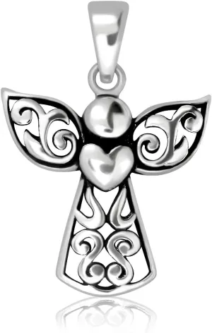 WithLoveSilver 925 Sterling Silver Bali Filigree Cross Guardian Angel Holding Heart Wing Pendant