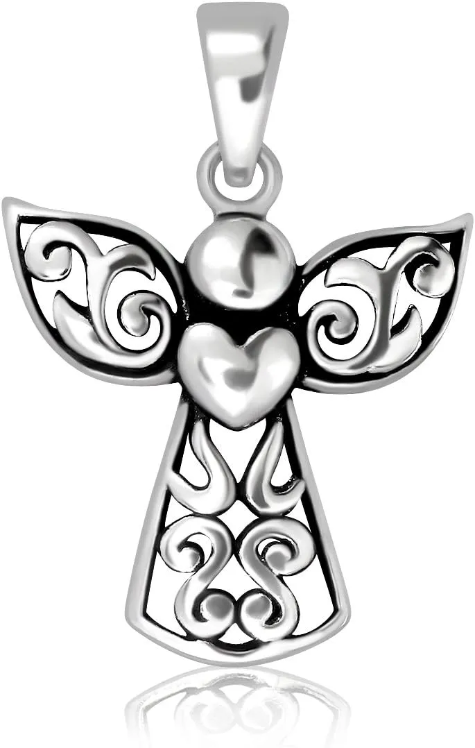 WithLoveSilver 925 Sterling Silver Bali Filigree Cross Guardian Angel Holding Heart Wing Pendant