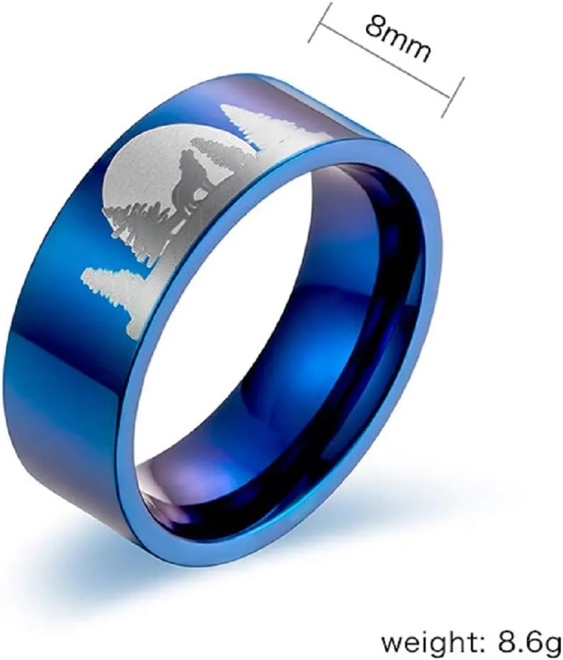 Wolf Ring, Moon Forest Wolf Ring for Men, Norse Viking Wolf Animal Ring Wolf Jewelry, Stainless Steel Celtic Wolf Ring Hip Hop Howling Wolf Band Ring Punk Wolf Ring for mens