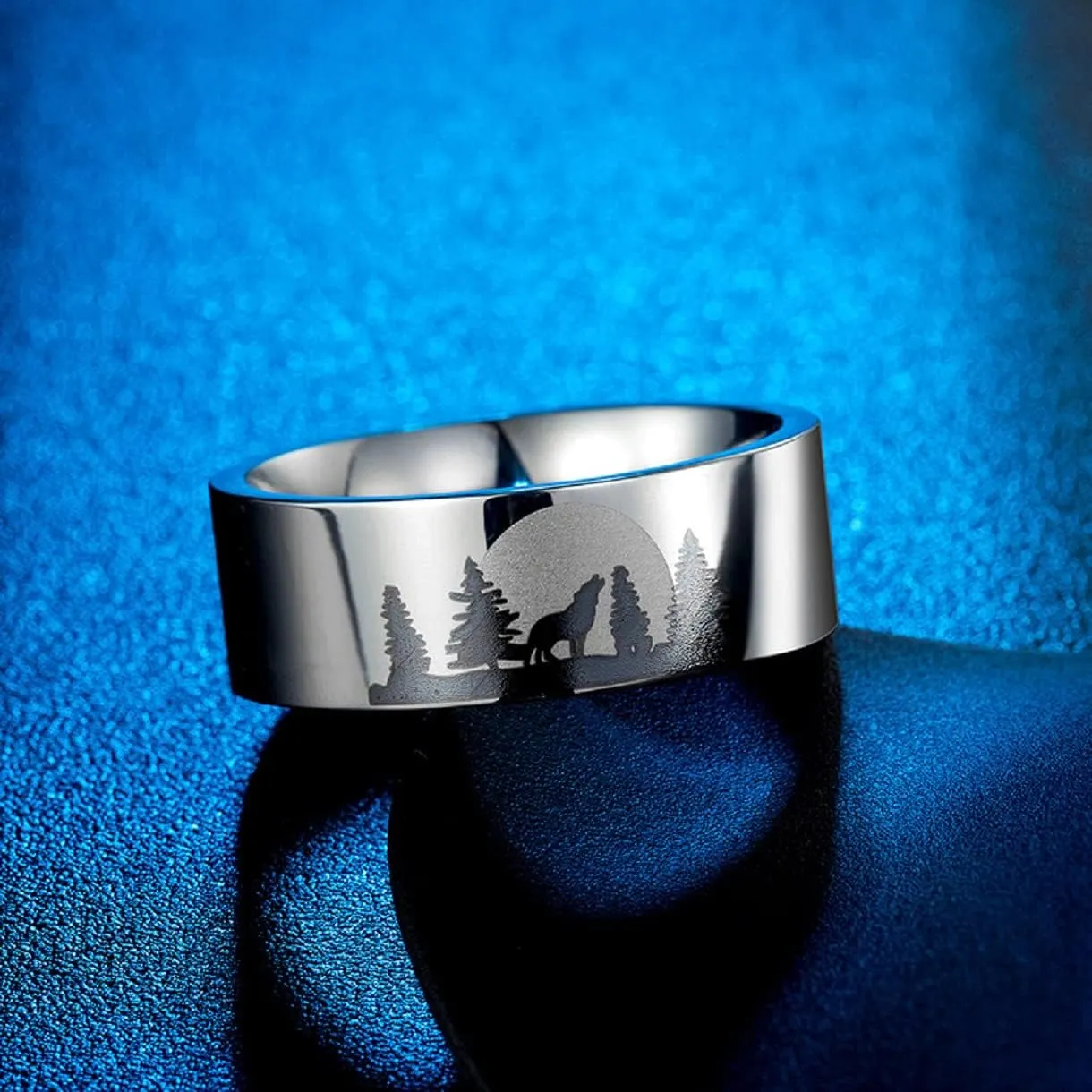 Wolf Ring,Punk Norse Viking Wolf Ring,Howling Wolf Ring for Men,Roaring Wolf Totem Ring,Stainless Steel Gothic Wolf Signet Ring Moon Forest Wolf Ring for Men, Retro Rock Wolf Animal Jewelry