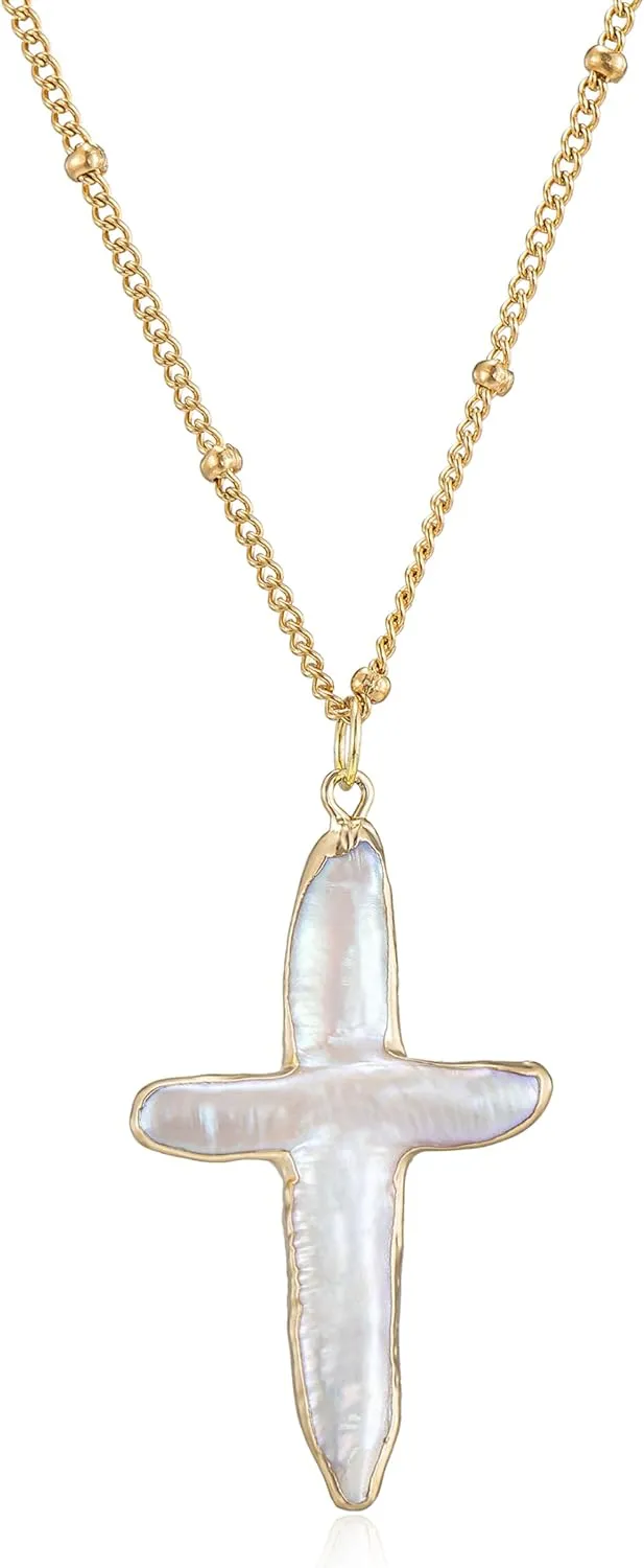 Women Nature Pearl Cross Necklace Freshwater Cross Pearl Necklace Gold Cross Pendant Necklace