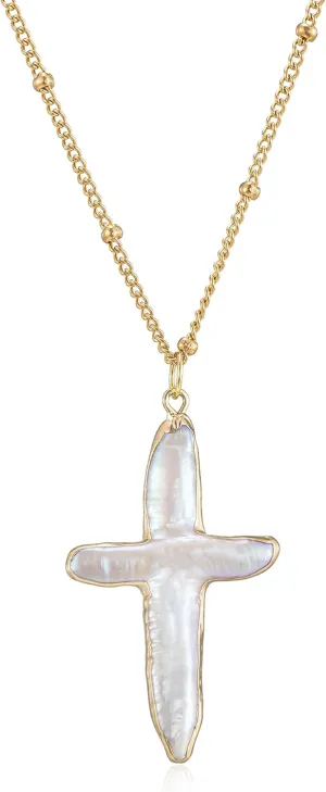 Women Nature Pearl Cross Necklace Freshwater Cross Pearl Necklace Gold Cross Pendant Necklace