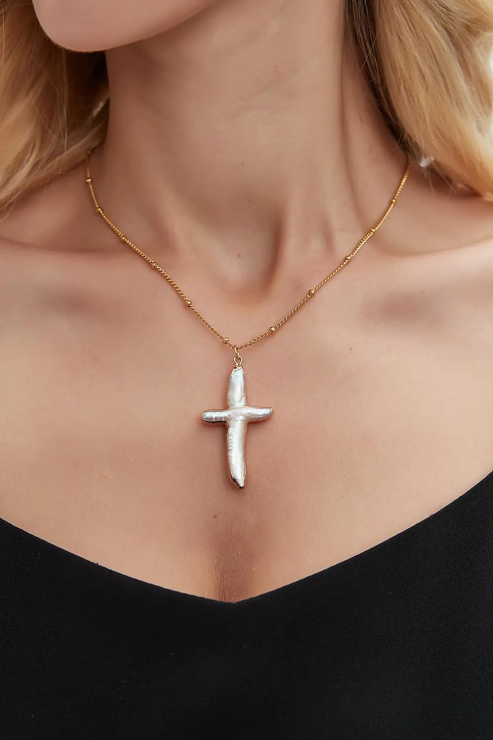 Women Nature Pearl Cross Necklace Freshwater Cross Pearl Necklace Gold Cross Pendant Necklace