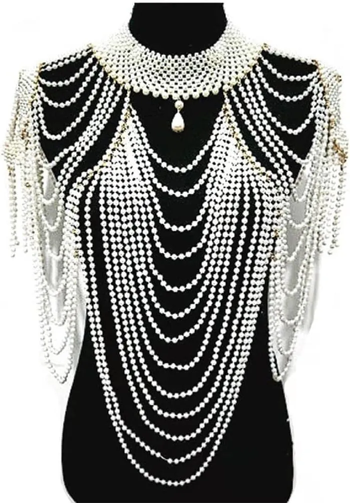 Women Nightclub Imitation Pearl Body Statement Necklace Teardrop Pendant Beaded Collar Bib Layered Tassel Jewelry Shoulder Chain Wedding Dress Accessories long layered necklaces for women silver