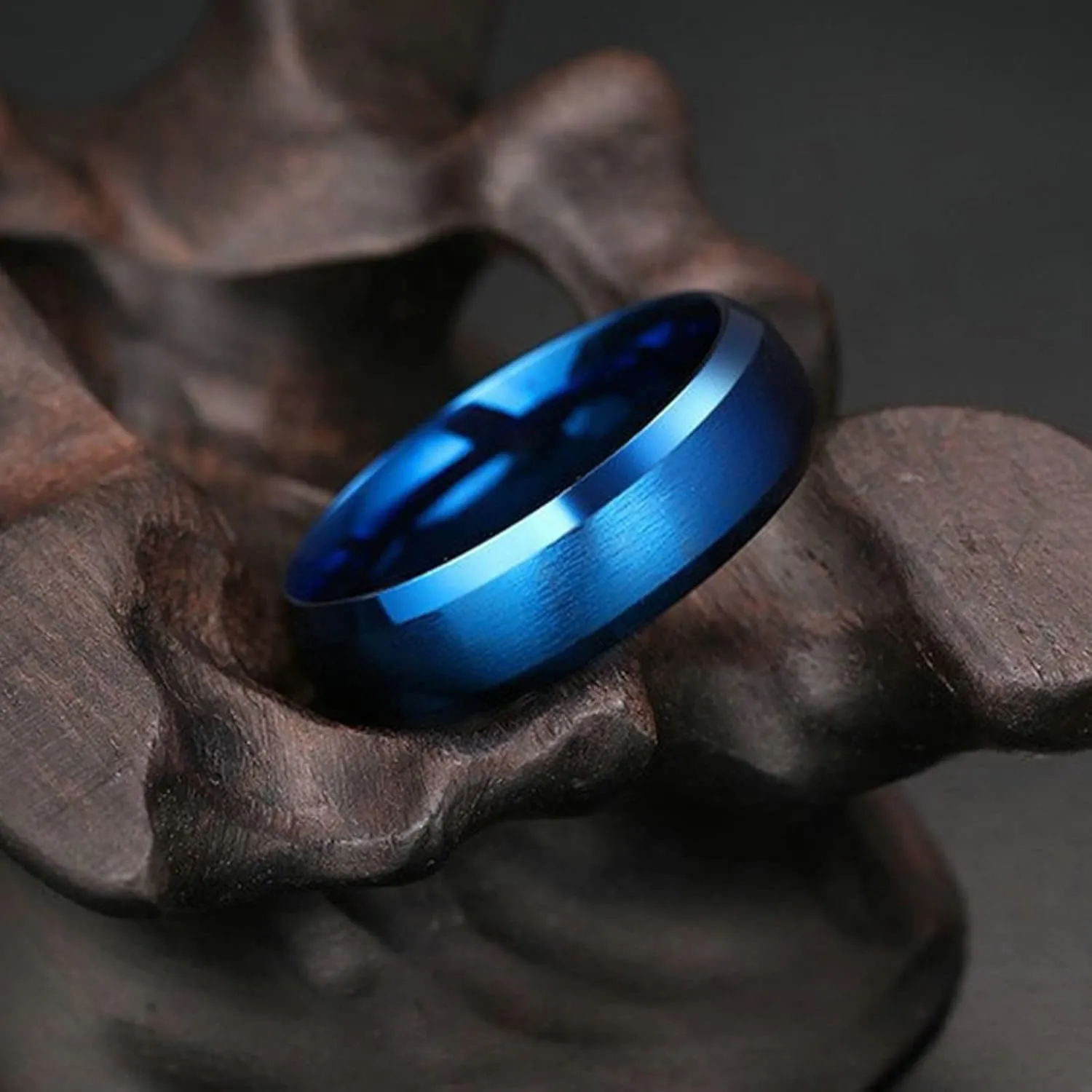Women Wedding Rings, Stainless Steel Rings for Women 6mm Blue Brushed Ring Beveled Edge Valentine's Day Couple Rings