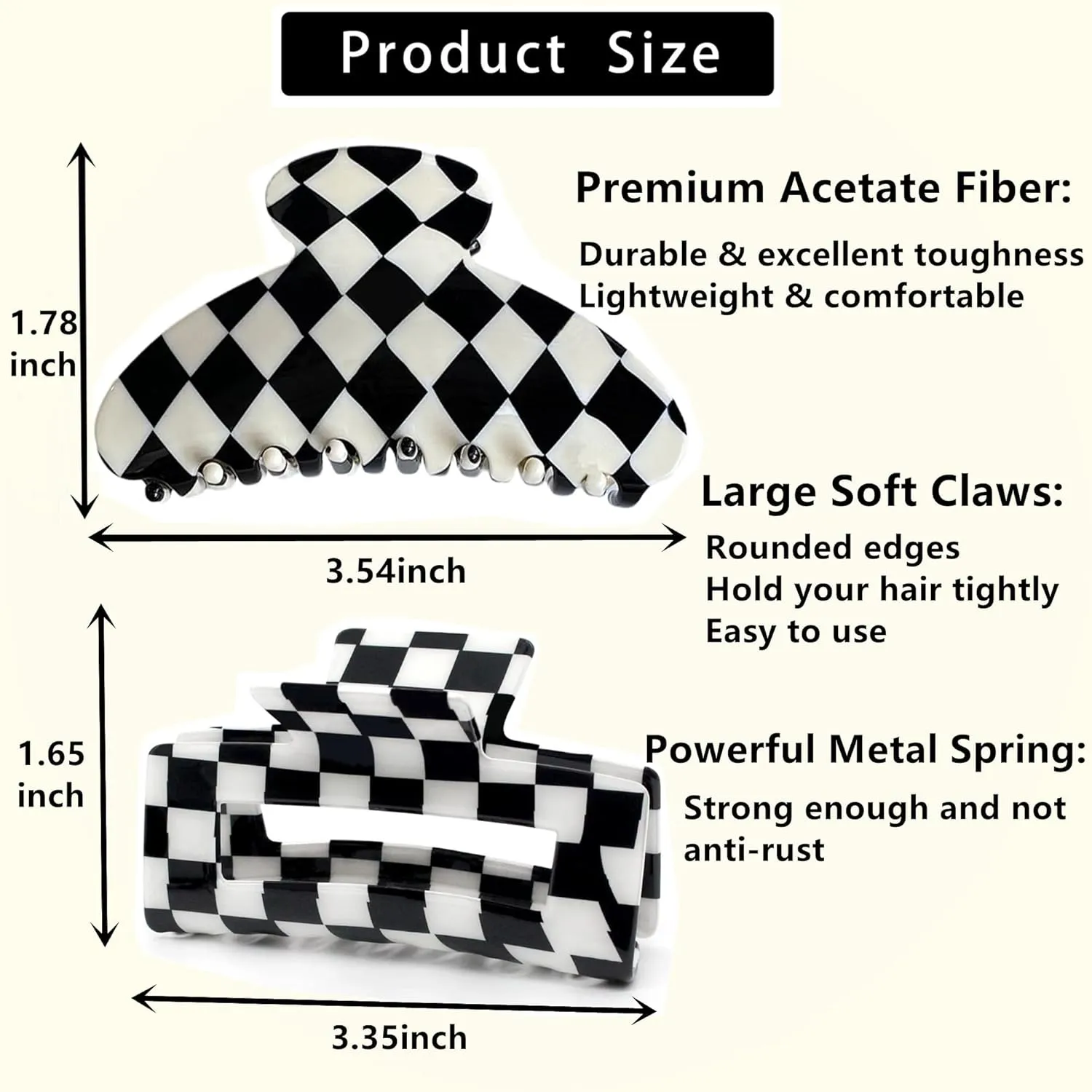 Womens Checkered Hair Clip Large Checkered Claw Clips Black And White Jaw Clip,2pack