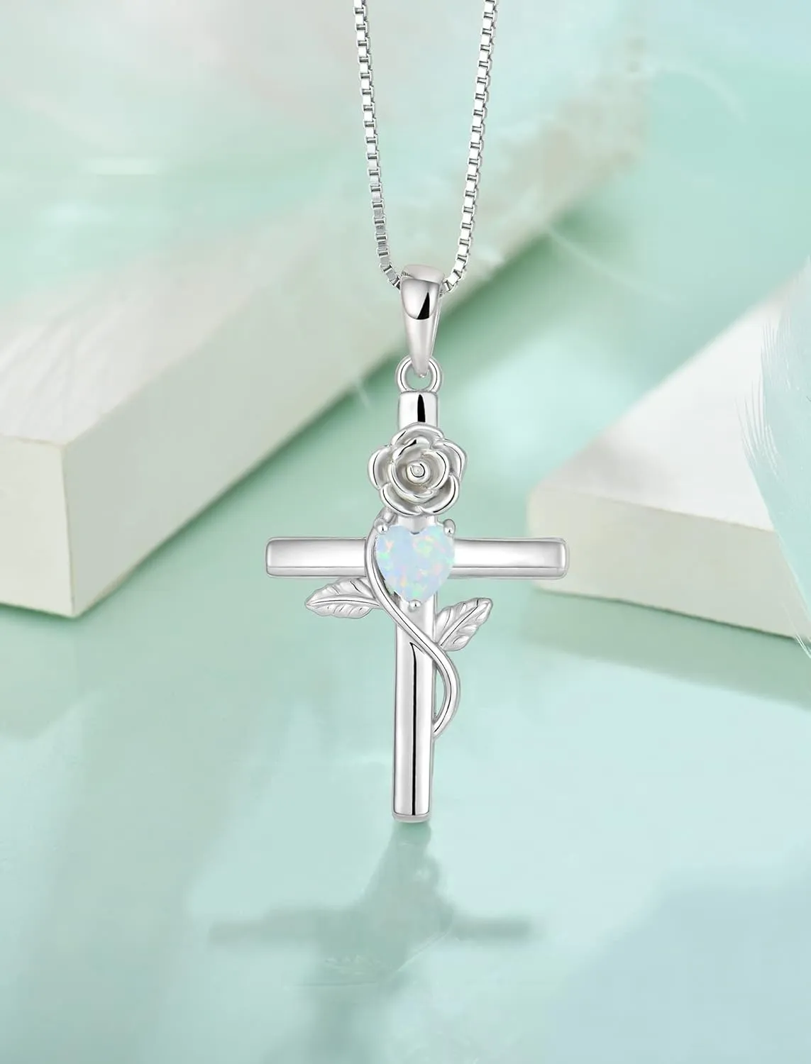 Women's Cross Necklace 925 Sterling Silver Infinite Rose Flower Pendant Faith Religious Birthstone Jewelry Gift