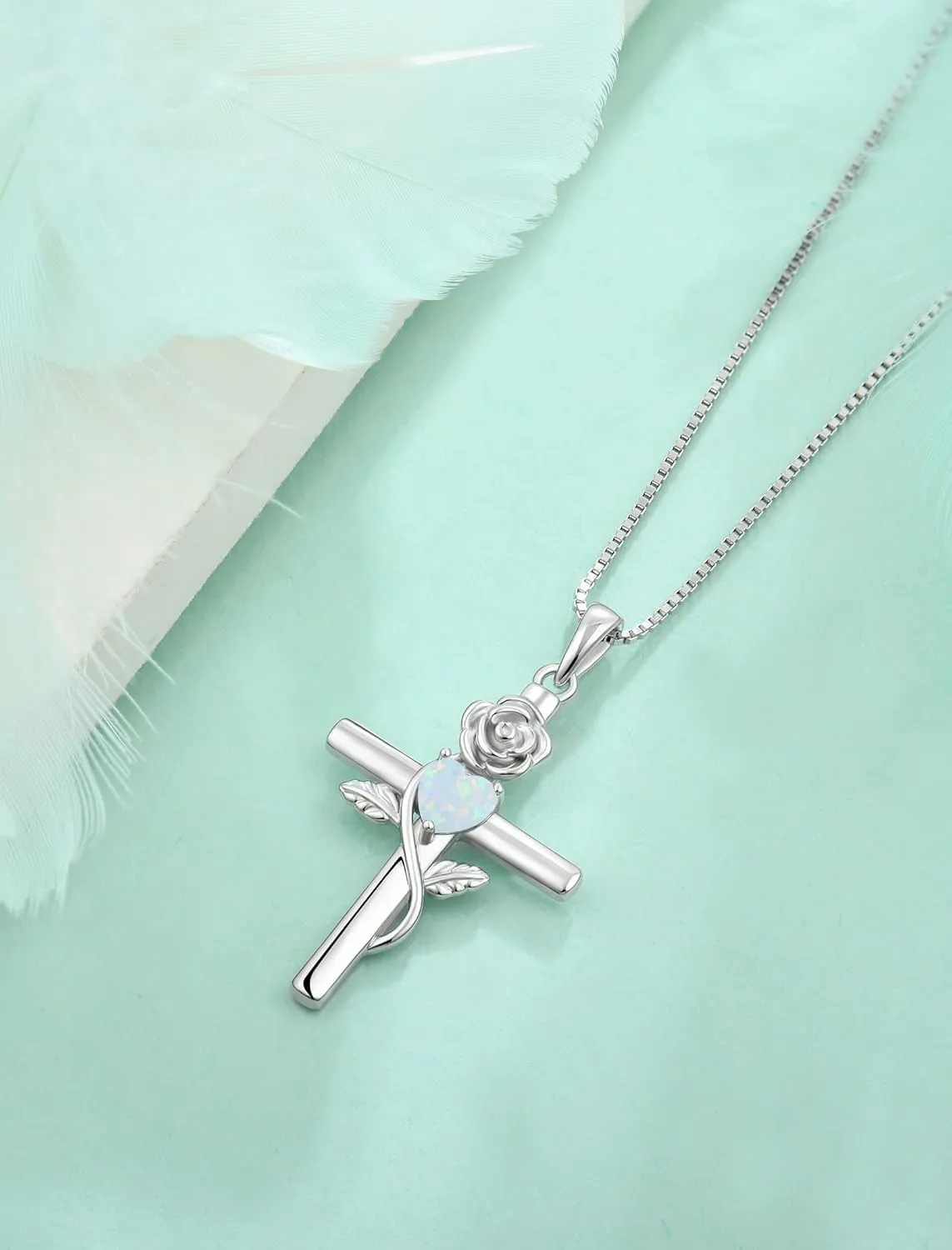 Women's Cross Necklace 925 Sterling Silver Infinite Rose Flower Pendant Faith Religious Birthstone Jewelry Gift