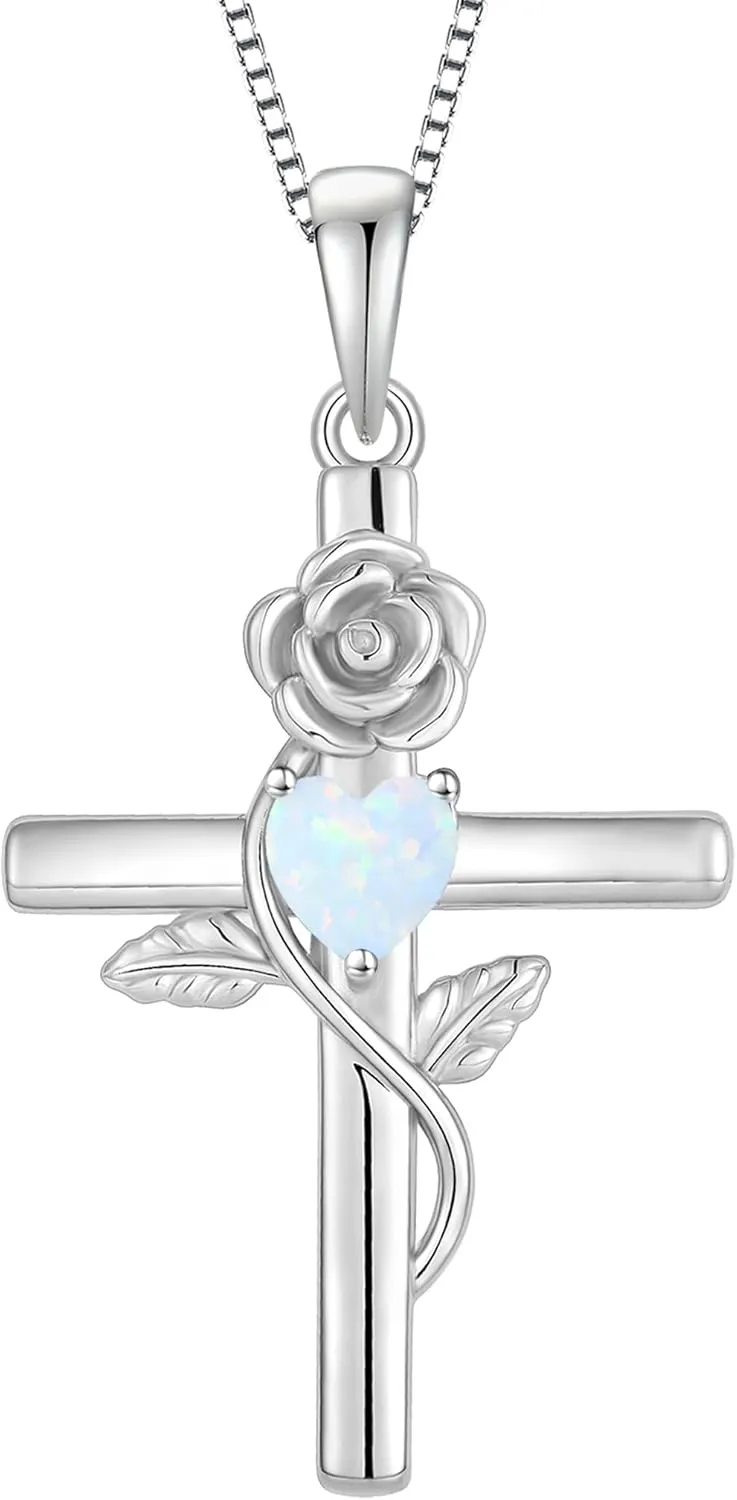 Women's Cross Necklace 925 Sterling Silver Infinite Rose Flower Pendant Faith Religious Birthstone Jewelry Gift