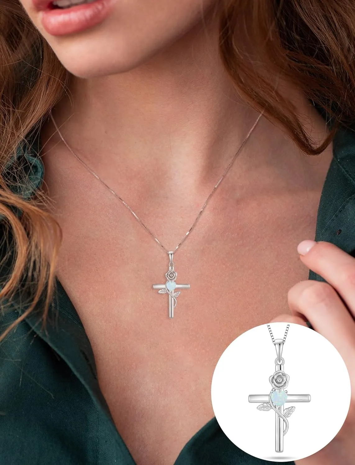 Women's Cross Necklace 925 Sterling Silver Infinite Rose Flower Pendant Faith Religious Birthstone Jewelry Gift