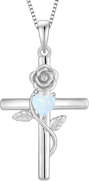 Women's Cross Necklace 925 Sterling Silver Infinite Rose Flower Pendant Faith Religious Birthstone Jewelry Gift