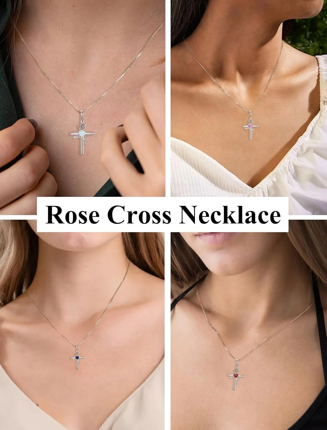 Women's Cross Necklace 925 Sterling Silver Infinite Rose Flower Pendant Faith Religious Birthstone Jewelry Gift