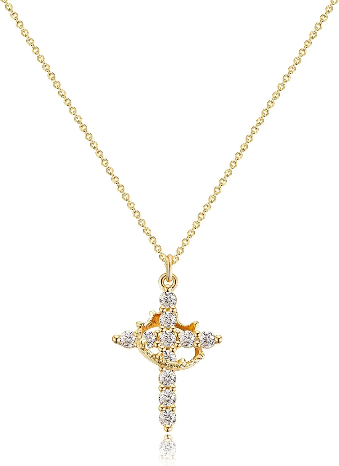 Women's Gifts Colorful CZ Cross with Crown Necklace for Women, Birthstone Necklace for Women Gold/Silver/Rose Gold-Plated Christian Faith Jewelry, Dainty Cross Pendant Necklace