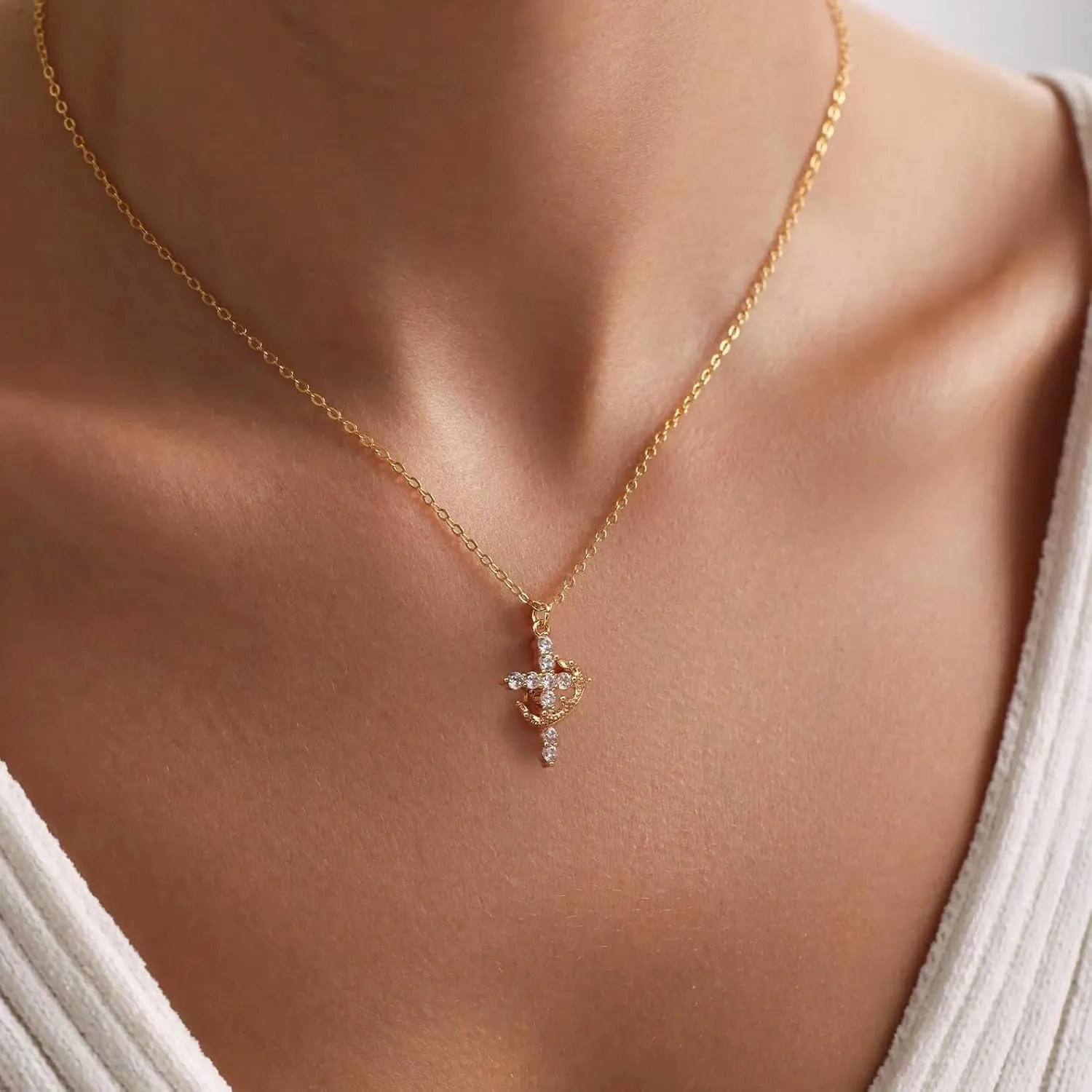 Women's Gifts Colorful CZ Cross with Crown Necklace for Women, Birthstone Necklace for Women Gold/Silver/Rose Gold-Plated Christian Faith Jewelry, Dainty Cross Pendant Necklace