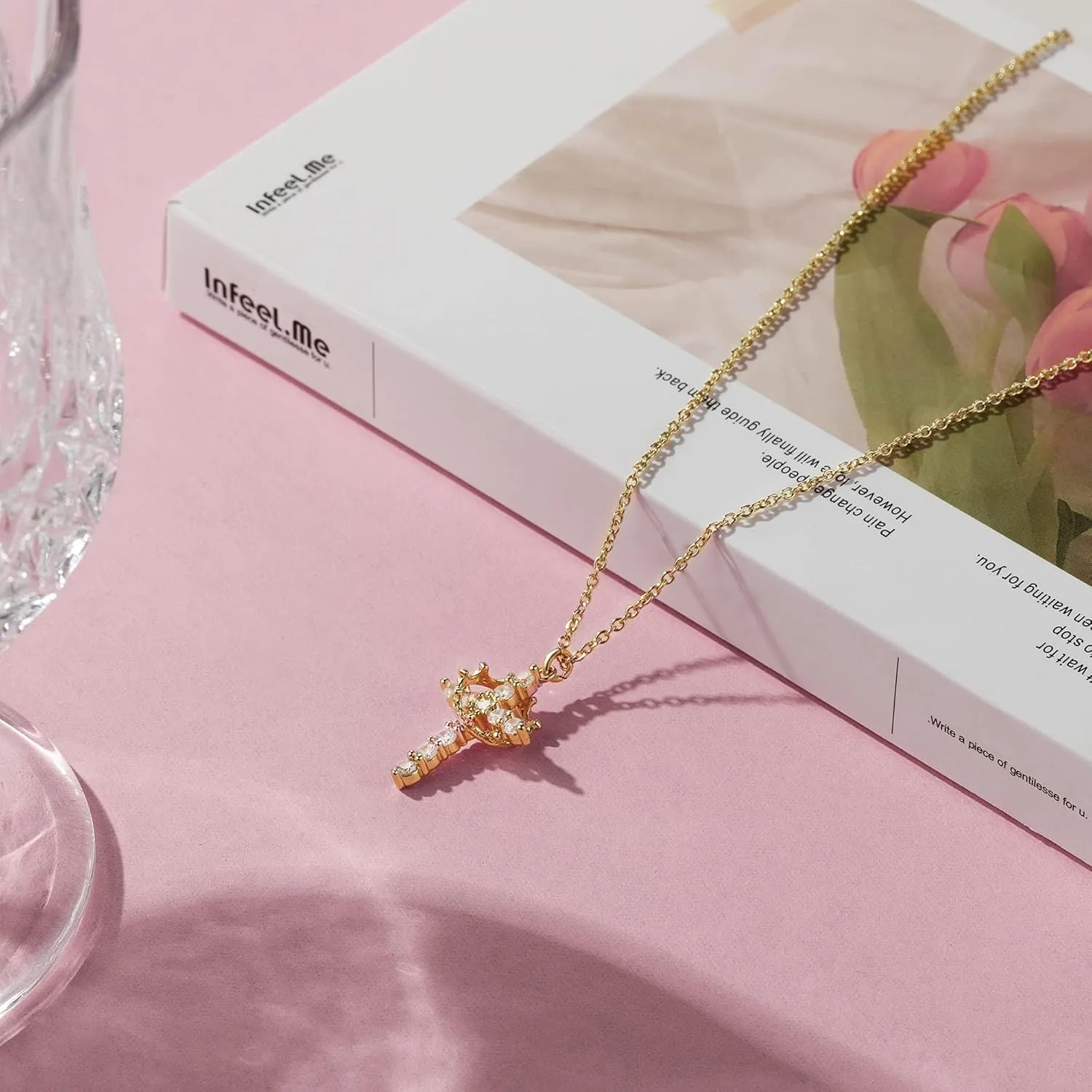 Women's Gifts Colorful CZ Cross with Crown Necklace for Women, Birthstone Necklace for Women Gold/Silver/Rose Gold-Plated Christian Faith Jewelry, Dainty Cross Pendant Necklace