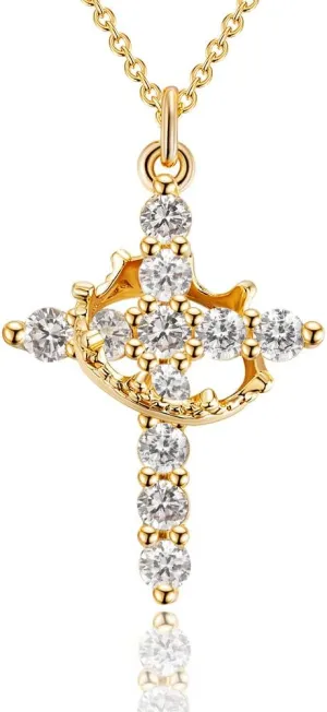 Women's Gifts Colorful CZ Cross with Crown Necklace for Women, Birthstone Necklace for Women Gold/Silver/Rose Gold-Plated Christian Faith Jewelry, Dainty Cross Pendant Necklace