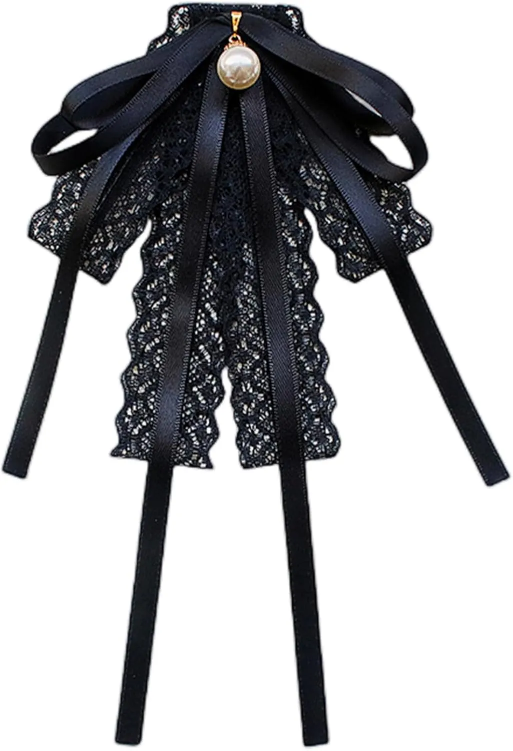 Womens Lace Ribbon tie Brooch Pin JK Uniform Shirt Jabot Collar Pearl Pendant Pre-Tied knot Necktie Clip, approx. 12x21cm/4.72x8.27in, Black