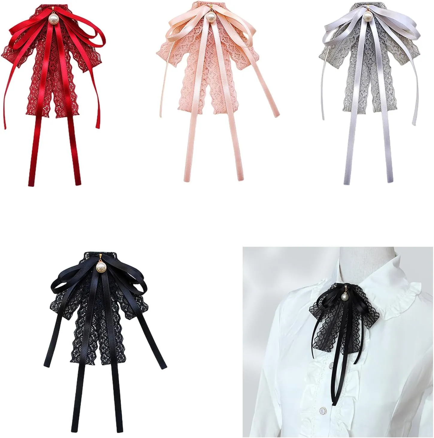 Womens Lace Ribbon tie Brooch Pin JK Uniform Shirt Jabot Collar Pearl Pendant Pre-Tied knot Necktie Clip, approx. 12x21cm/4.72x8.27in, Black