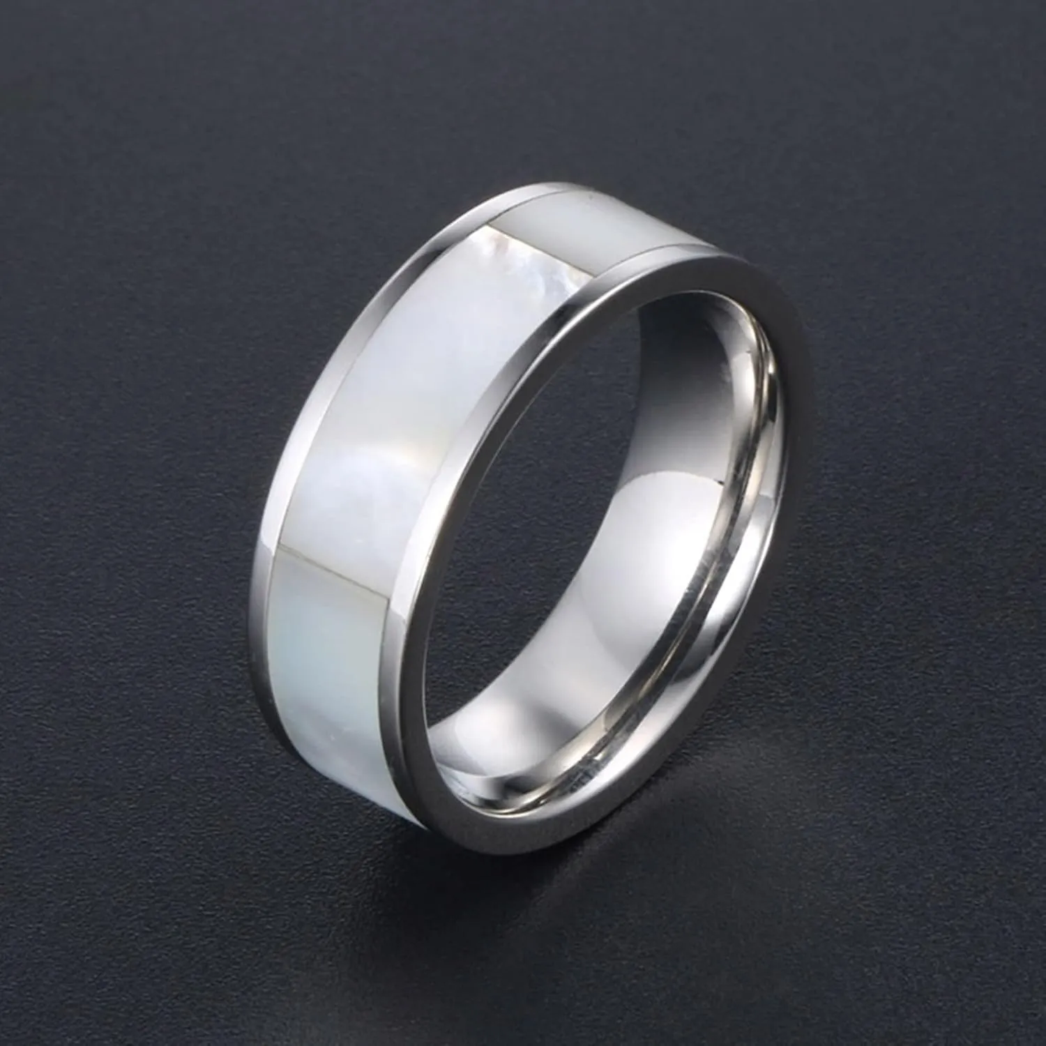 Women's Silver Rings, Men's Stainless Steel Rings Silver Ring Inlay Pearl Mother Rings for Men and Women