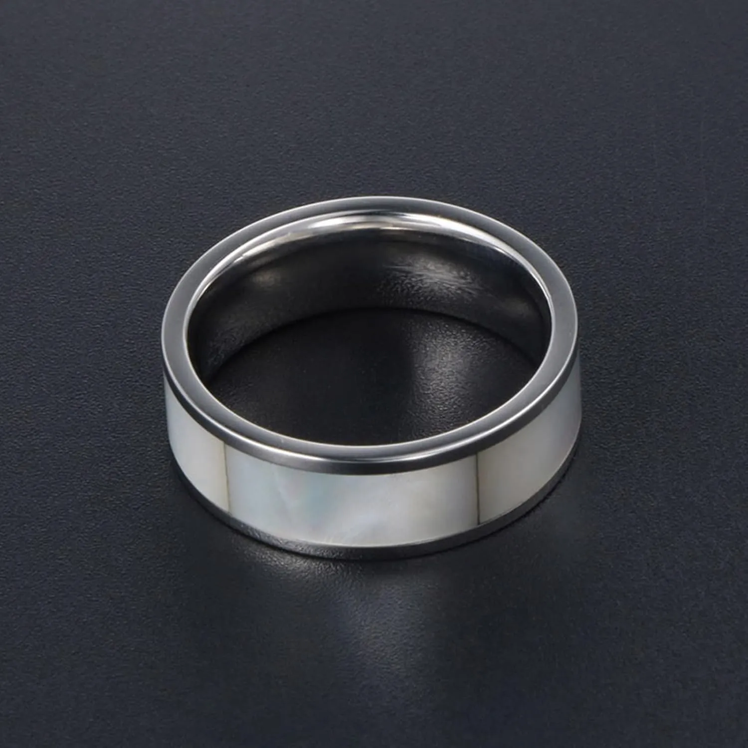 Women's Silver Rings, Men's Stainless Steel Rings Silver Ring Inlay Pearl Mother Rings for Men and Women