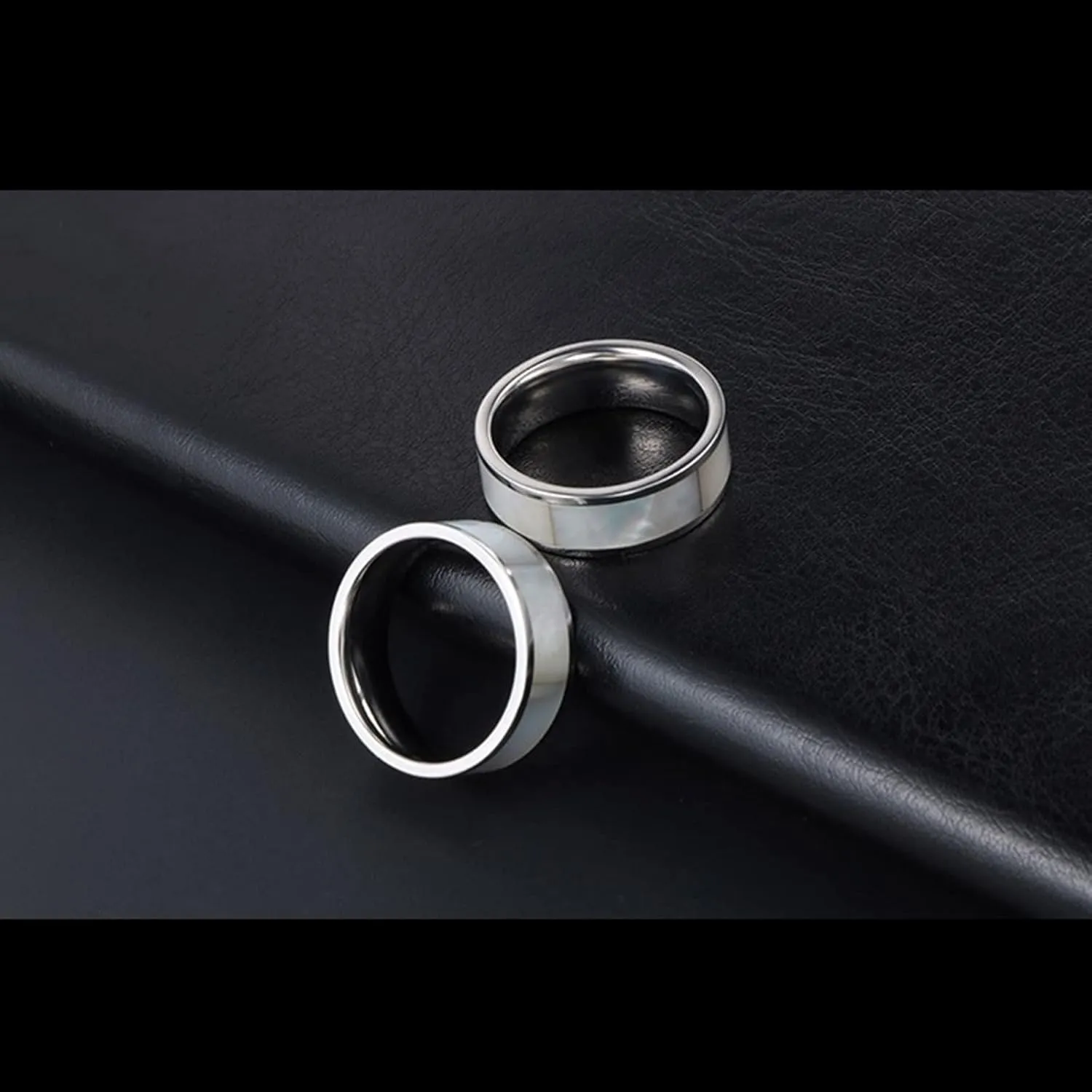 Women's Silver Rings, Men's Stainless Steel Rings Silver Ring Inlay Pearl Mother Rings for Men and Women