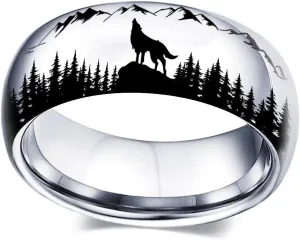 XAHH 8mm Wolves in the Forest Animal Ring Unique Personality Stainless Steel Wedding Band Anniversary Promise Ring for Men and Women Size 7-13