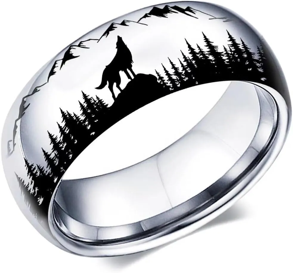 XAHH 8mm Wolves in the Forest Animal Ring Unique Personality Stainless Steel Wedding Band Anniversary Promise Ring for Men and Women Size 7-13