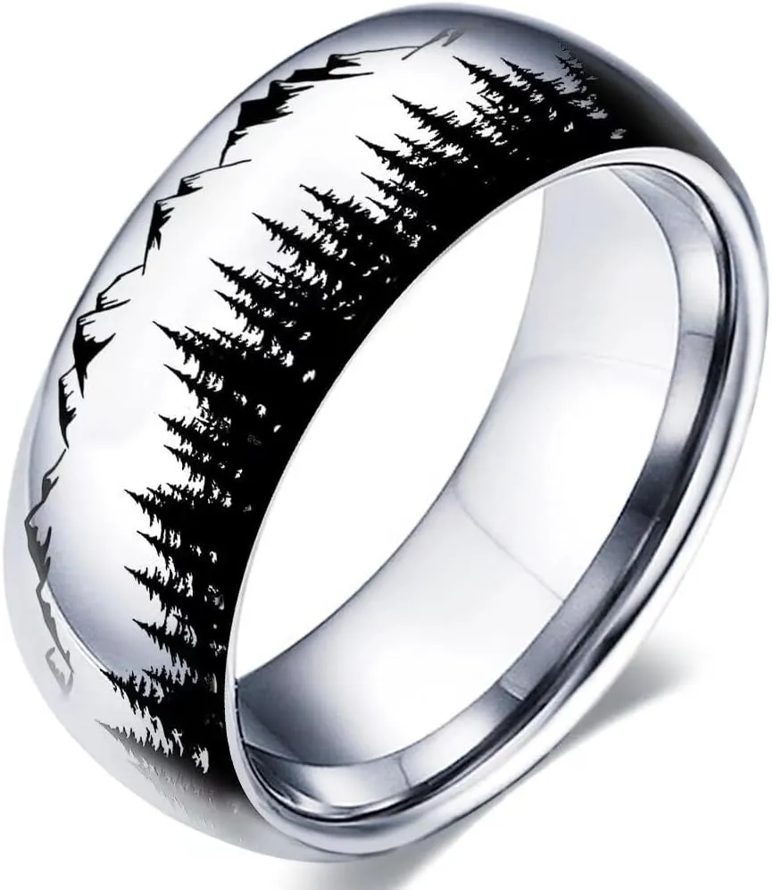 XAHH 8mm Wolves in the Forest Animal Ring Unique Personality Stainless Steel Wedding Band Anniversary Promise Ring for Men and Women Size 7-13
