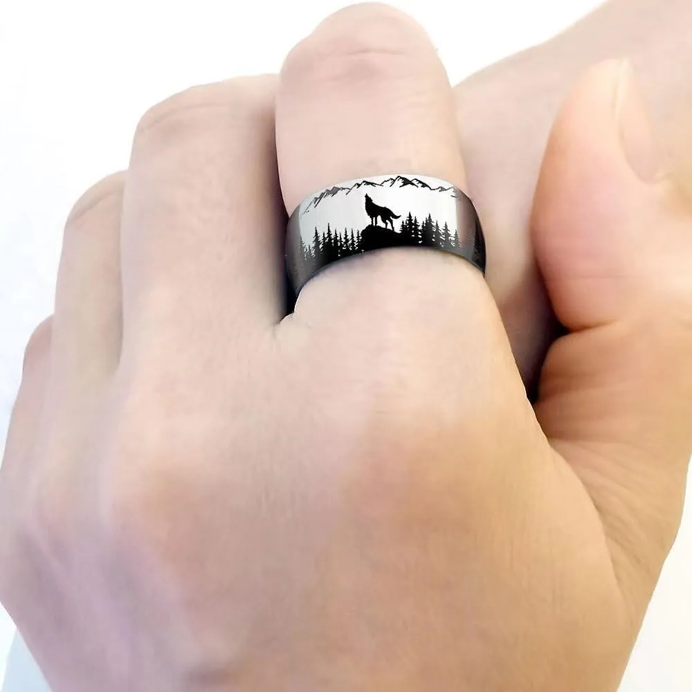 XAHH 8mm Wolves in the Forest Animal Ring Unique Personality Stainless Steel Wedding Band Anniversary Promise Ring for Men and Women Size 7-13