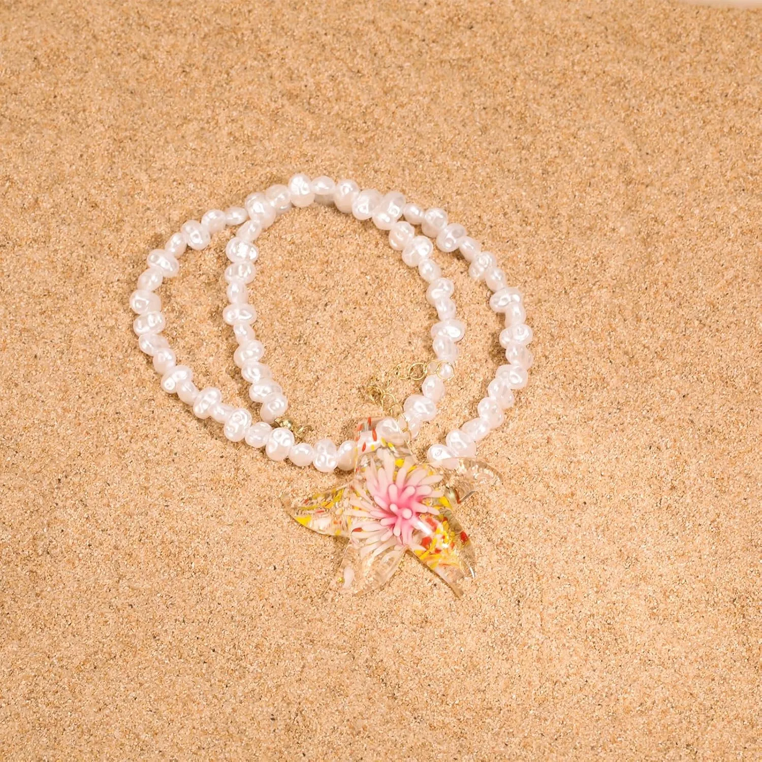 y2k Starfish Necklace for Women Moon Star Chunky Charm Murano Glass Faux Pearl Necklace Italian Style Summer Beach Seashell Necklace Boho Vintage Jewelry for Women