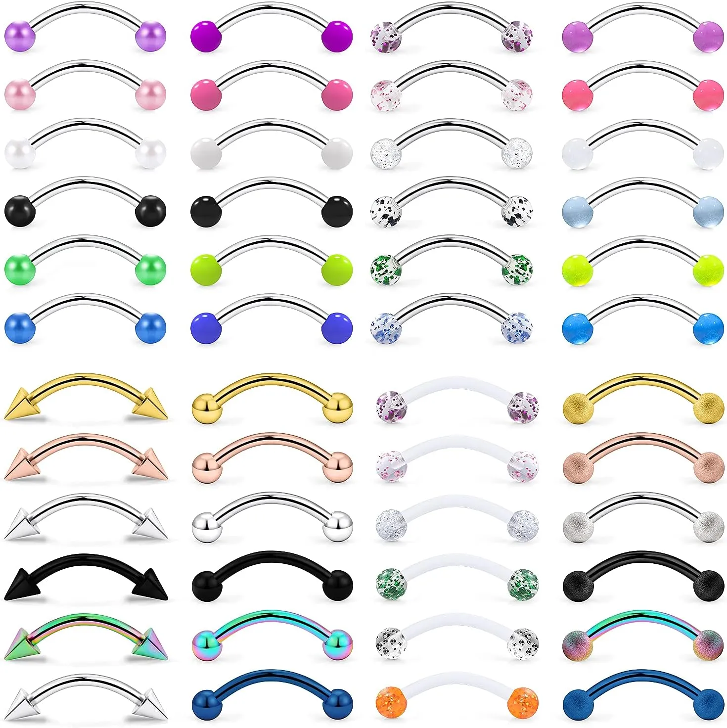 Yaalozei 14G Snake Eyes Tongue Rings Glow in The Dark 316L Surgical Steel Long Curved Barbell Tongue Nipplerings Nipple Belly Eyebrow Ring Body Piercing Jewelry for Women Men 48 Pcs