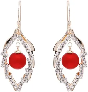 YAZILIND Unique Double Leaf Cubic Zirconia Imitation Pearl Pendant Drop Earrings Women's Jewelry