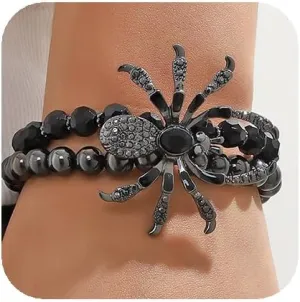 YERTTER Gothic Black Beaded with Rhinestones and Crystals Spider Stretch Bracelet Punk Holloween Bangle for Women Men