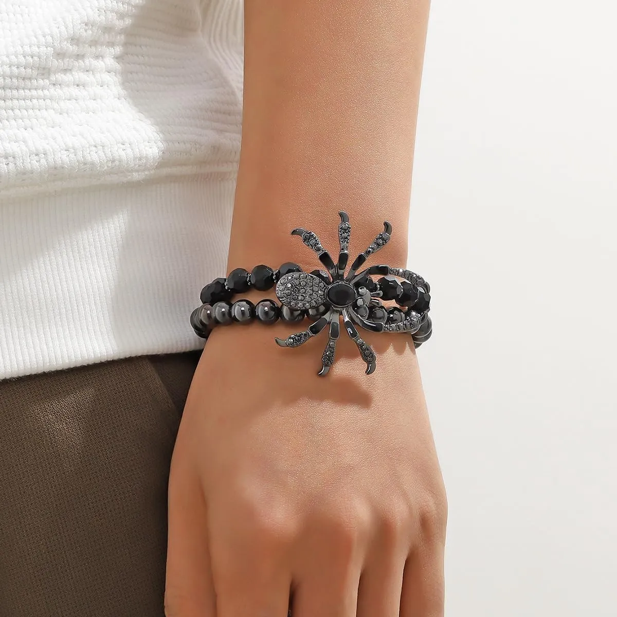YERTTER Gothic Black Beaded with Rhinestones and Crystals Spider Stretch Bracelet Punk Holloween Bangle for Women Men