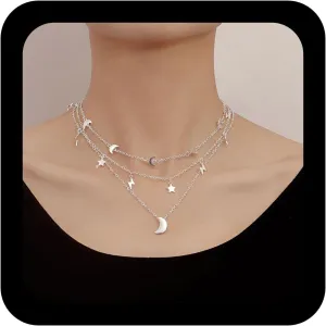 YienDoo Boho Layered Star Moon Lightning Necklace Choker Vintage Silver Crescent Moon Choker Star Lightning Necklace Moon Pendant Necklace Multilayer Statement Necklace Jewelry for Women