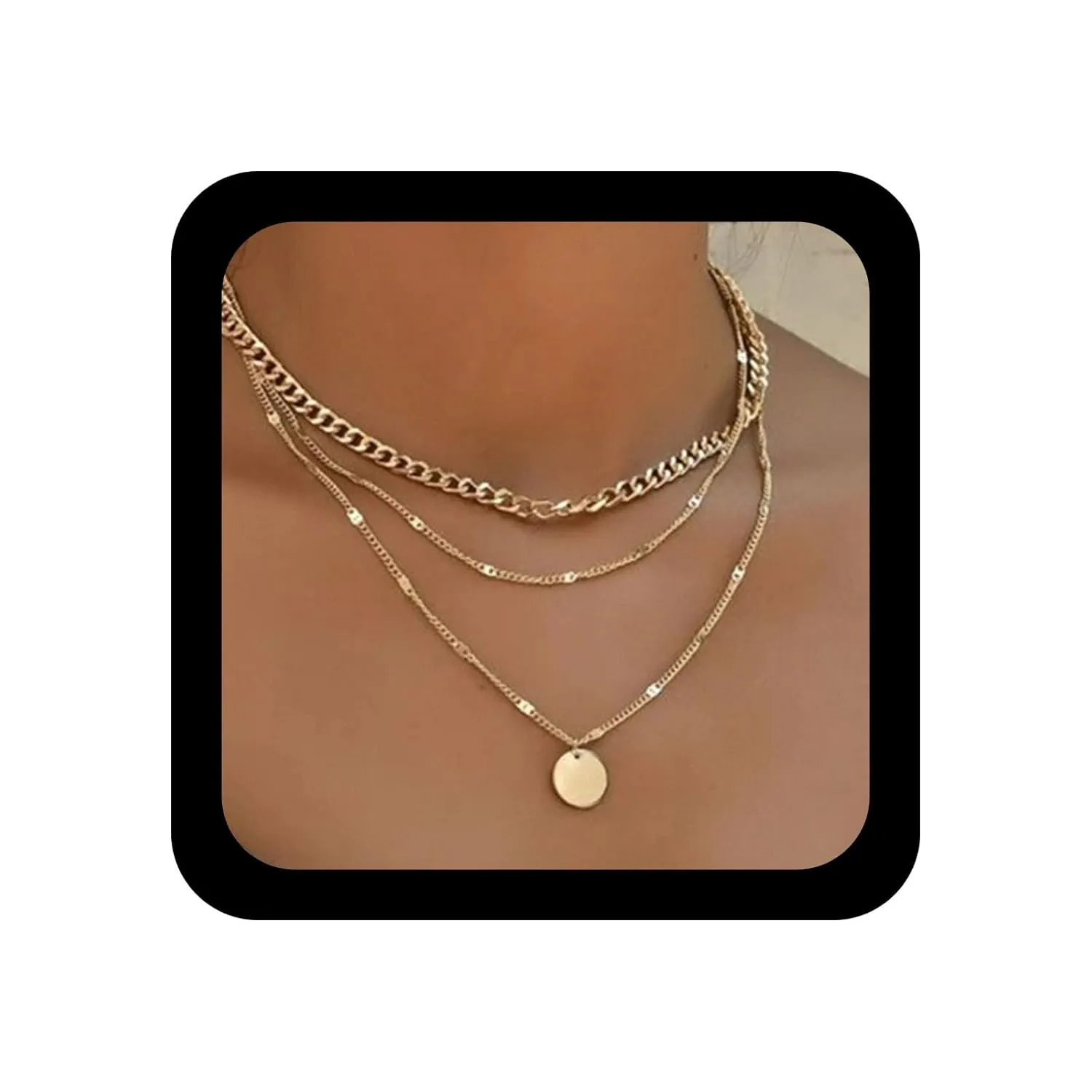 YienDoo Boho Multi-Layered Sequin Necklace Choker Gold Cuban Chain Satellite Chain Choker Disc Pendant Necklace Charm Layered Bohemian Necklace Jewelry Gift for Women
