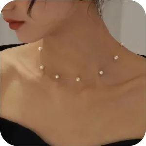 YienDoo Boho Pearl Strand Choker Necklace Satellite Chain String Baroque Statement Bridal Beaded Pearl Necklace Jewelry for Women