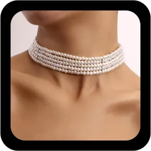 YienDoo Bridal Pearl Choker Necklace Chain Multi-Row Pearl Strands Necklace Baroque Statement Pearl Necklace White Imitation Pearl Bridal Beaded Choker Wedding Prom Necklace Jewelry for Women