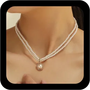 YienDoo Pearl Choker Necklace Chain Layered Pearl Strands Necklace Gold Round Disc Pearl Pendant Baroque Multi-Row Statement Pearl Necklace Charm Jewelry for Women