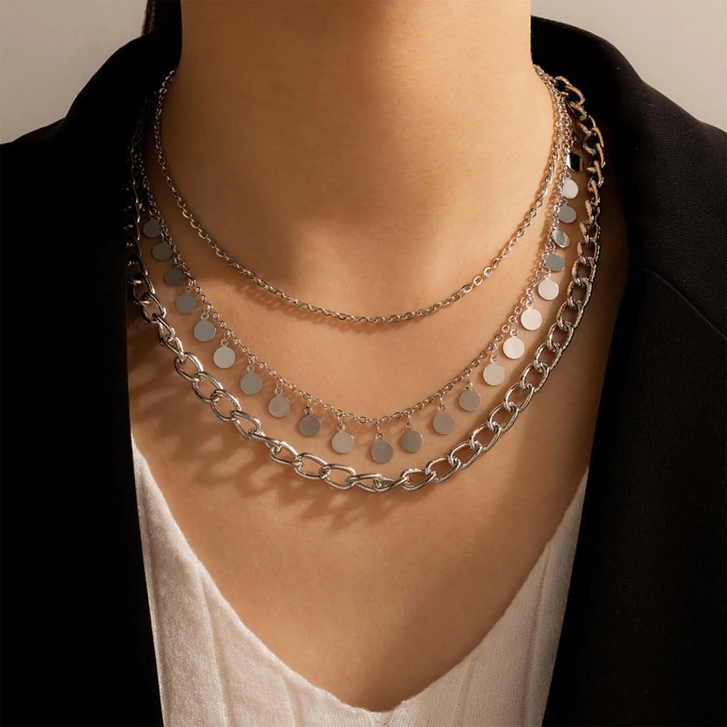 YienDoo Punk Layered Coin Necklace Vintage Silver Large Sequin Pendant Necklace Hip-hop Chunky Cuban Chain Choker Rock Statement Necklace Multilayer Disc Necklace Charm Jewelry for Women