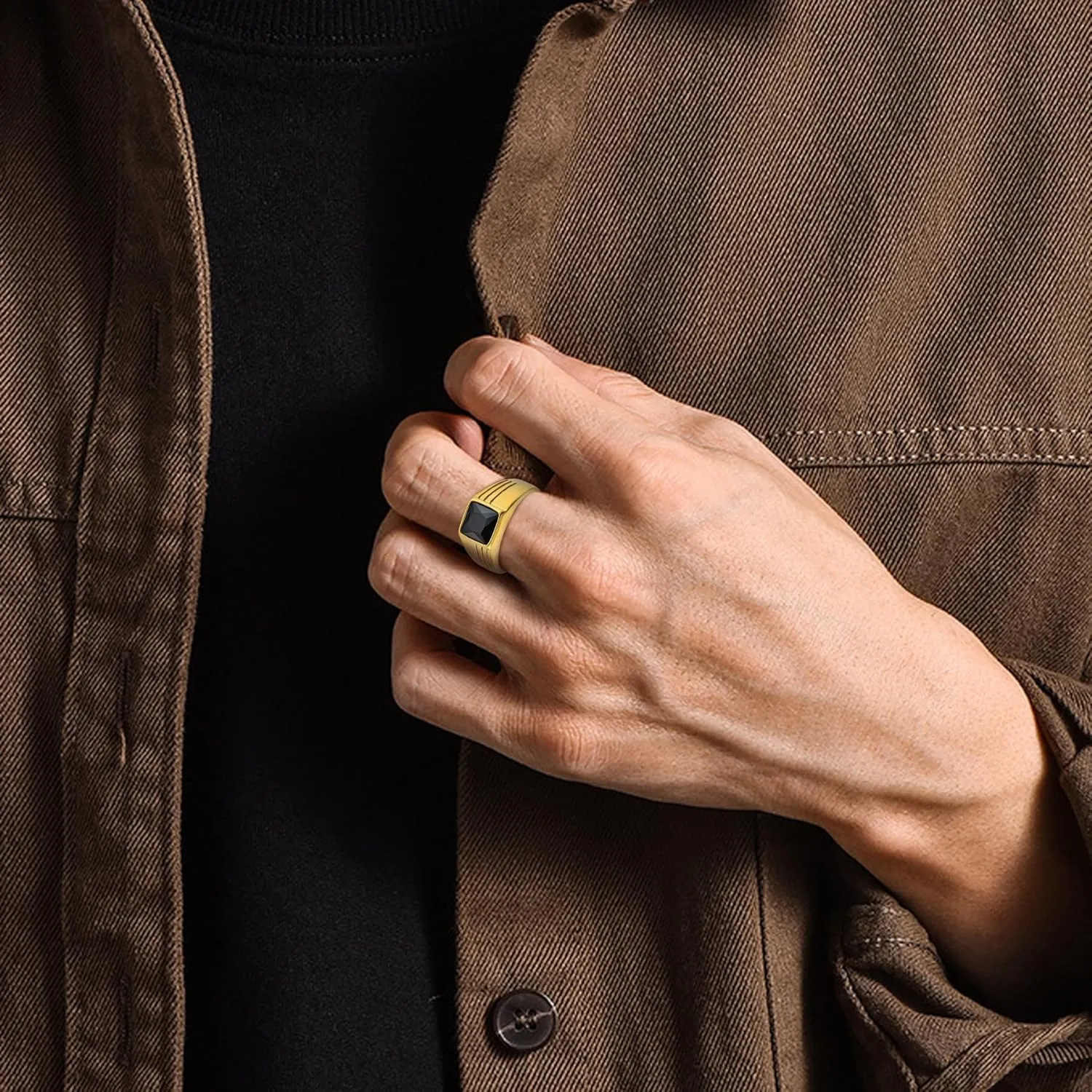 YL Gemstone Rings for Men Titanium Steel Square Signet Rings Wedding Statement Band Jewelry