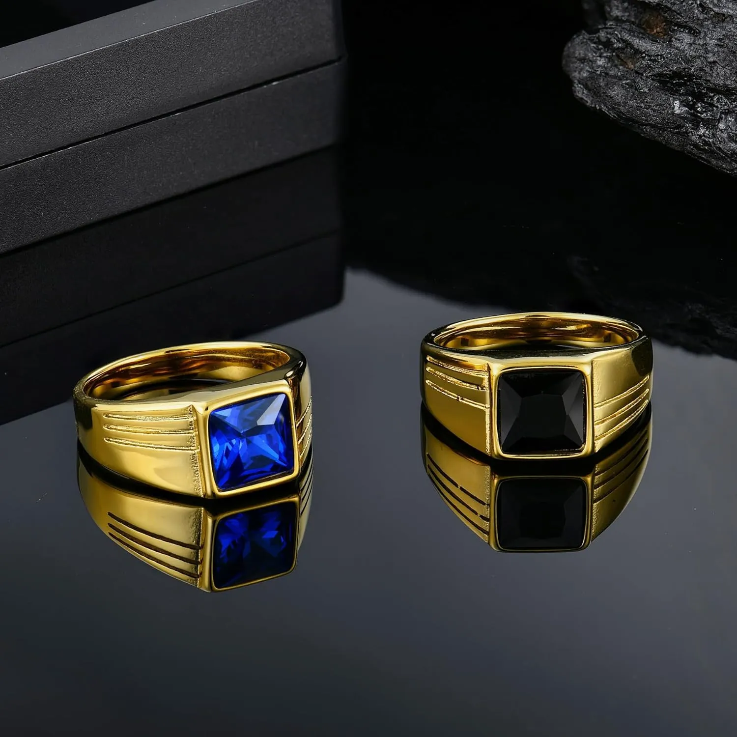 YL Gemstone Rings for Men Titanium Steel Square Signet Rings Wedding Statement Band Jewelry